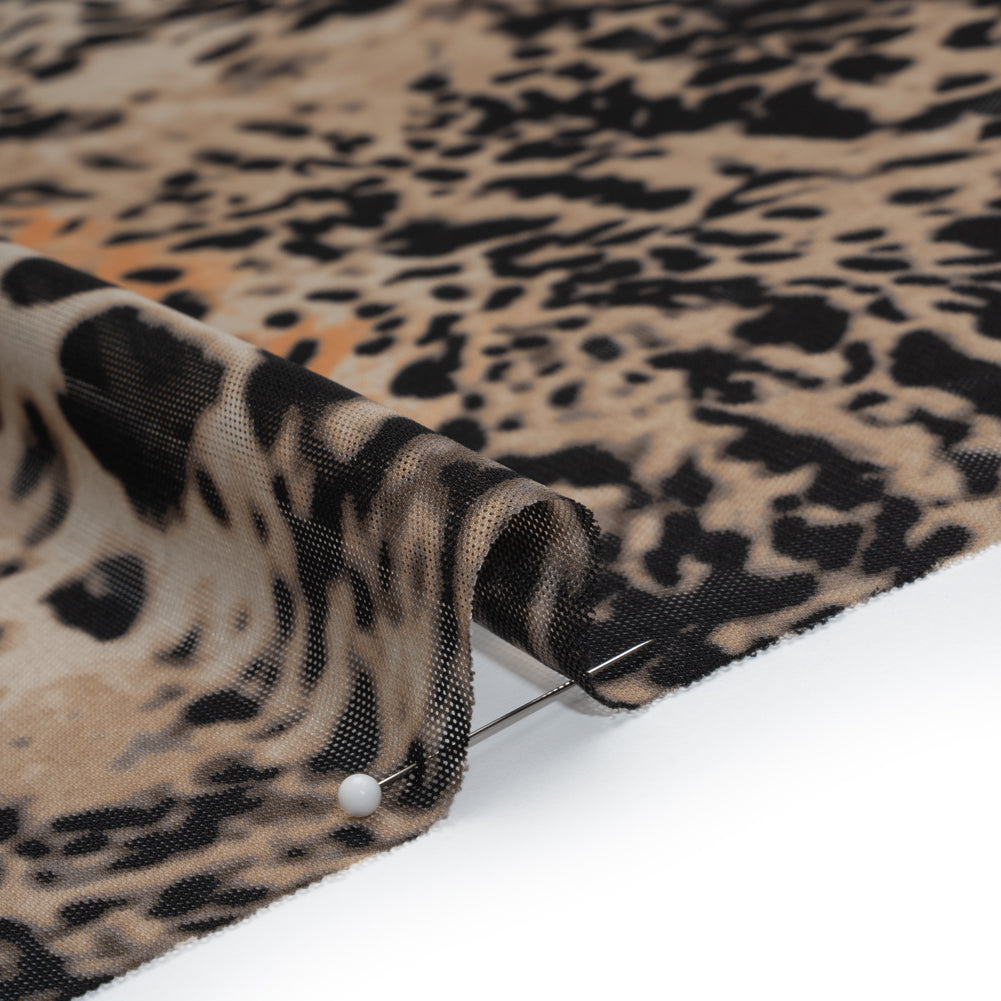 Polyester Stretch Mesh Print - Black, Beige and Burnt Orange Animal Spots - Detail