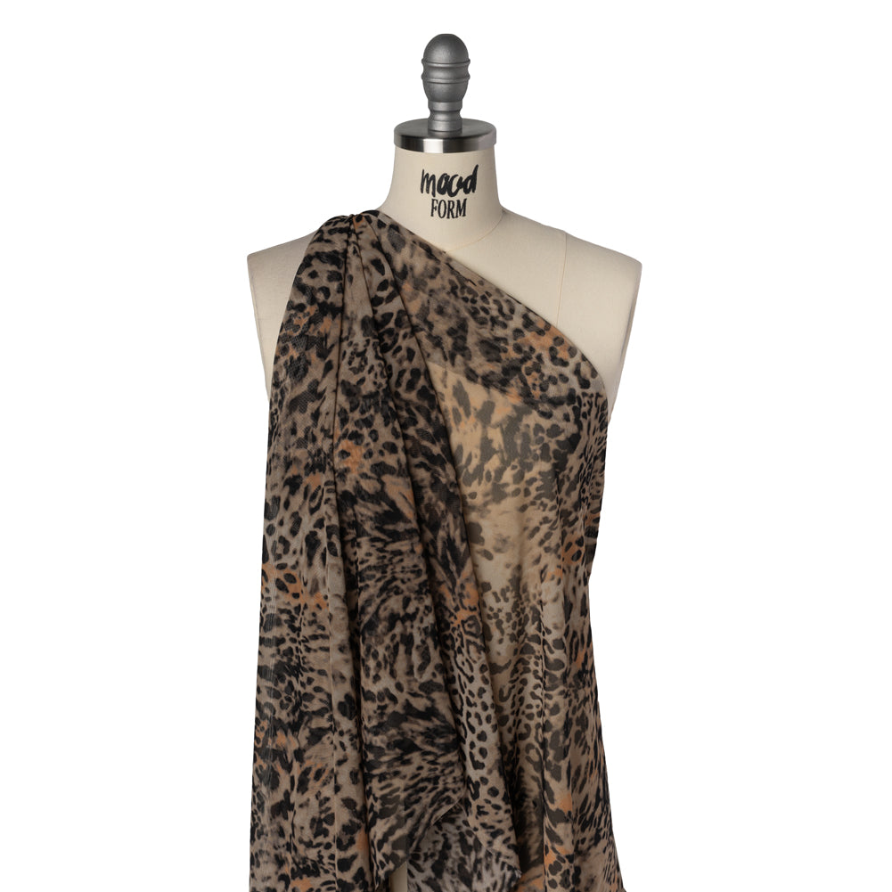 Polyester Stretch Mesh Print - Black, Beige and Burnt Orange Animal Spots - Drape