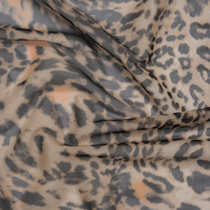Polyester Stretch Mesh Print - Black, Beige and Burnt Orange Animal Spots
