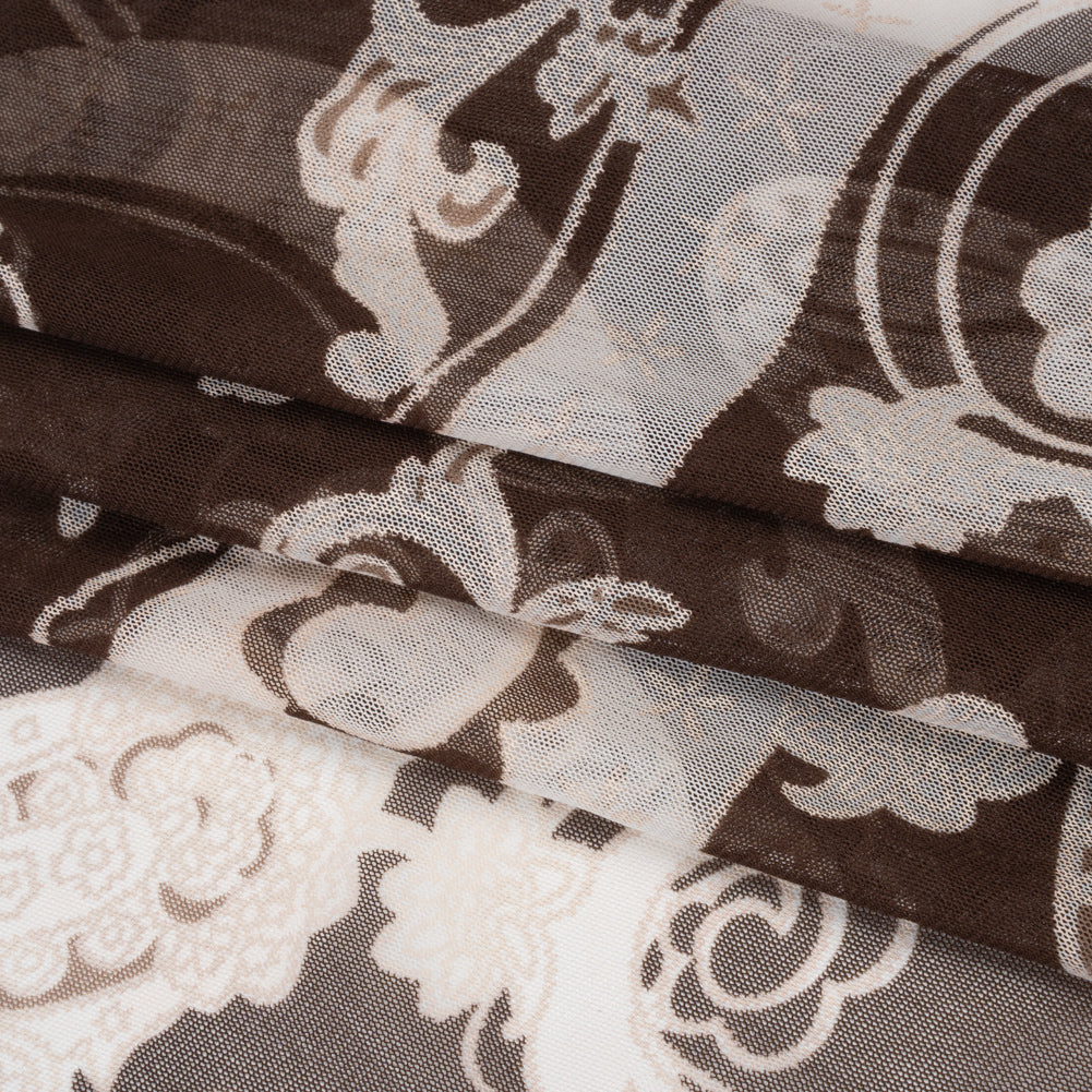Polyester Mesh Puff Print - Brown and Cream Paisley - Folded