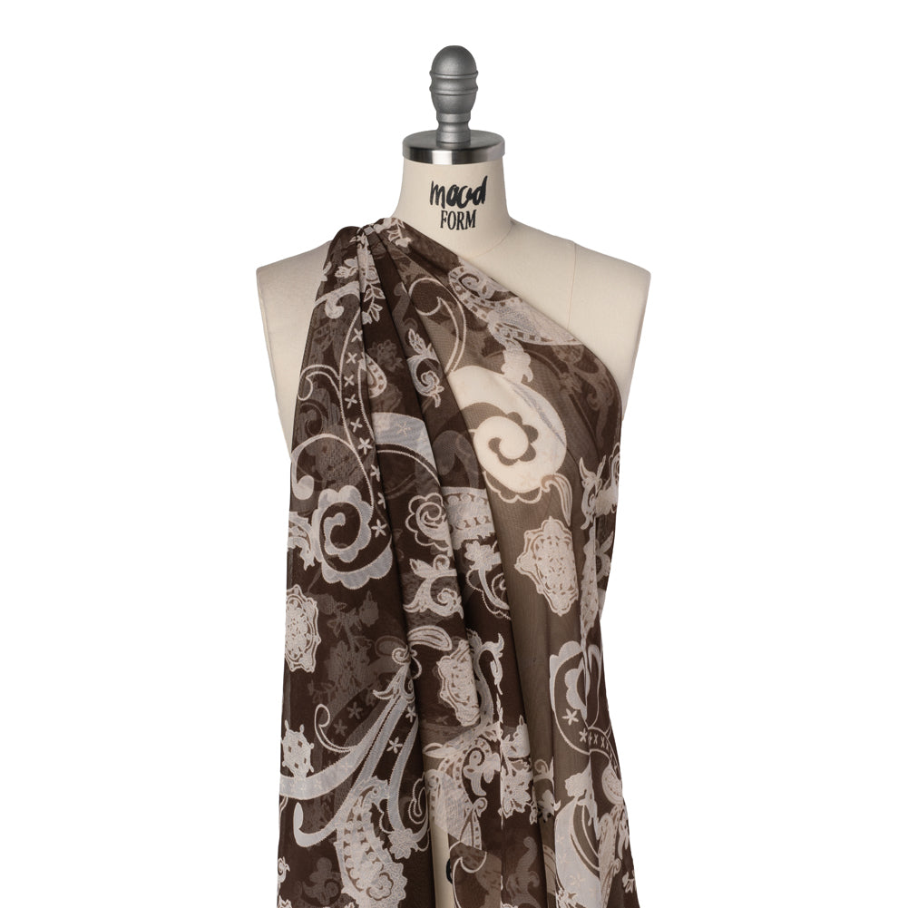 Polyester Mesh Puff Print - Brown and Cream Paisley - Drape