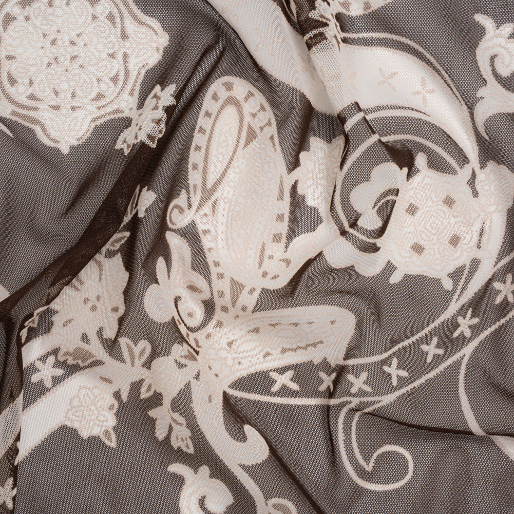 Polyester Mesh Puff Print - Brown and Cream Paisley