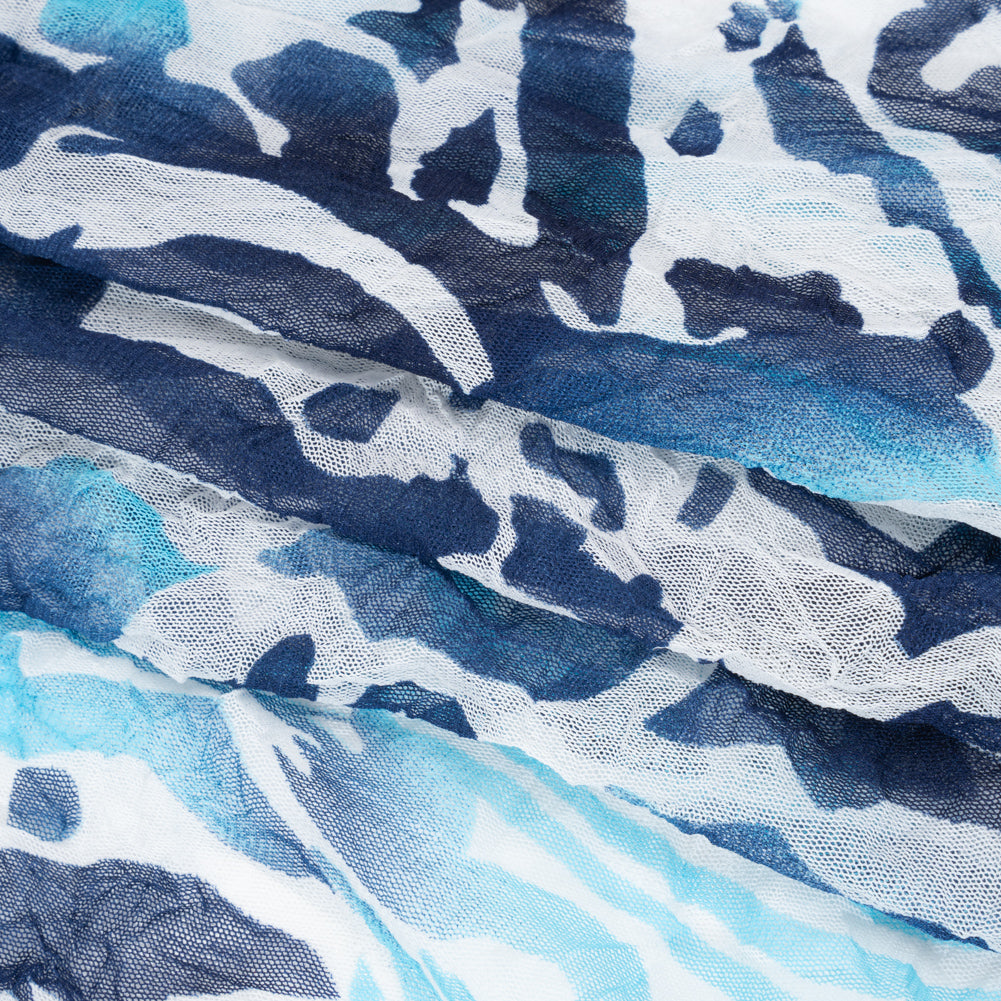 Crinkled Polyester Mesh Print - Navy, Sky Blue and White Abstract - Folded