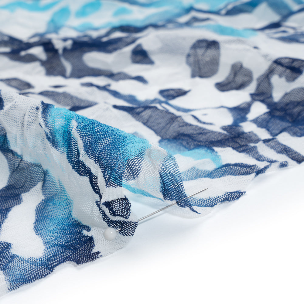Crinkled Polyester Mesh Print - Navy, Sky Blue and White Abstract - Detail