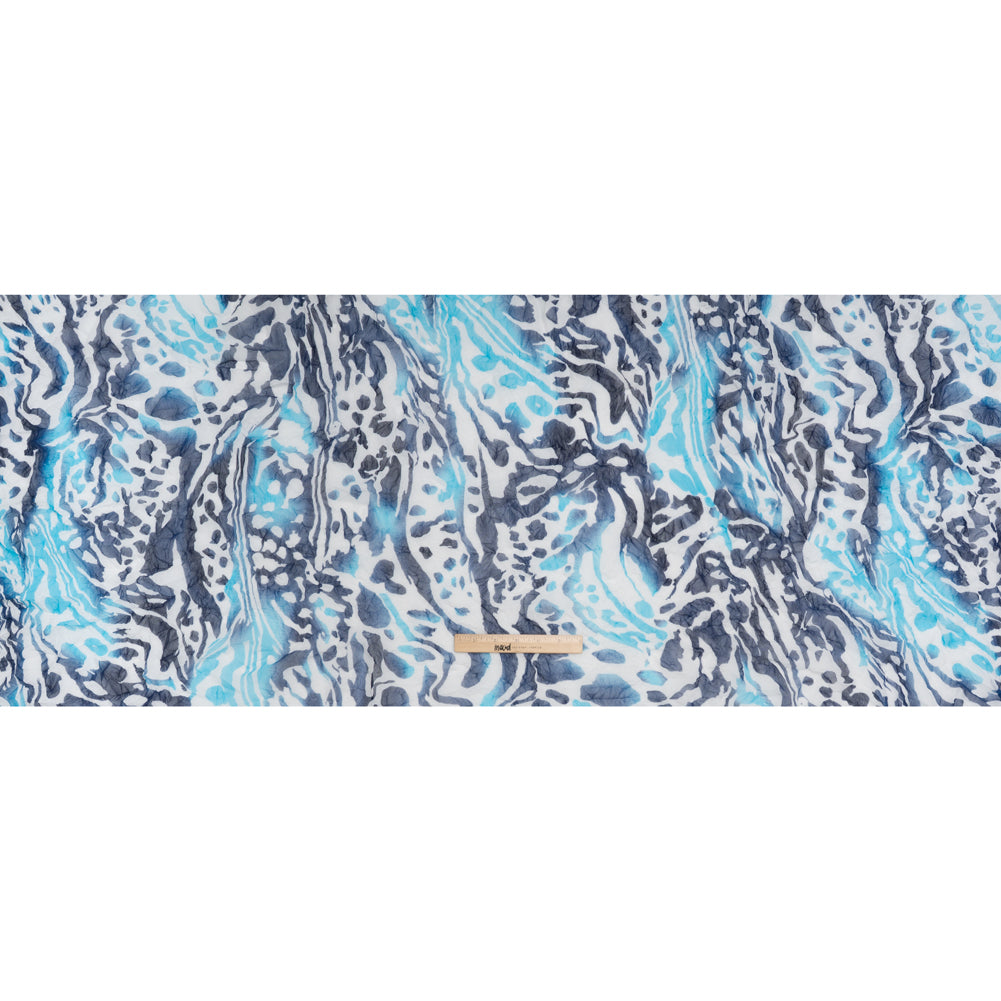 Crinkled Polyester Mesh Print - Navy, Sky Blue and White Abstract - Full