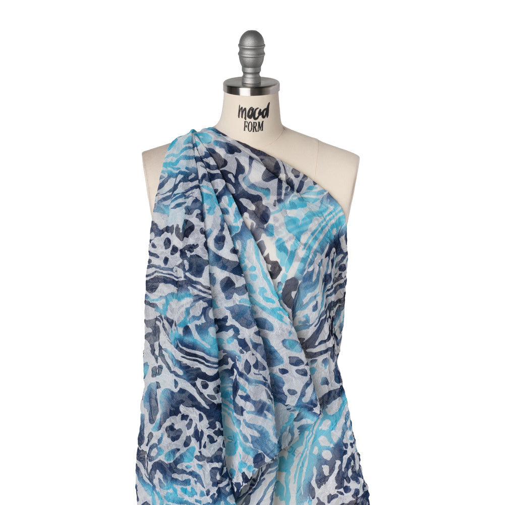 Crinkled Polyester Mesh Print - Navy, Sky Blue and White Abstract - Drape