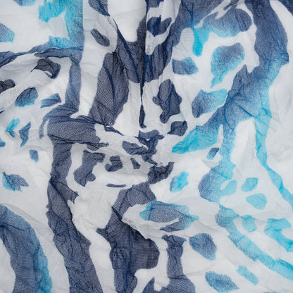 Crinkled Polyester Mesh Print - Navy, Sky Blue and White Abstract