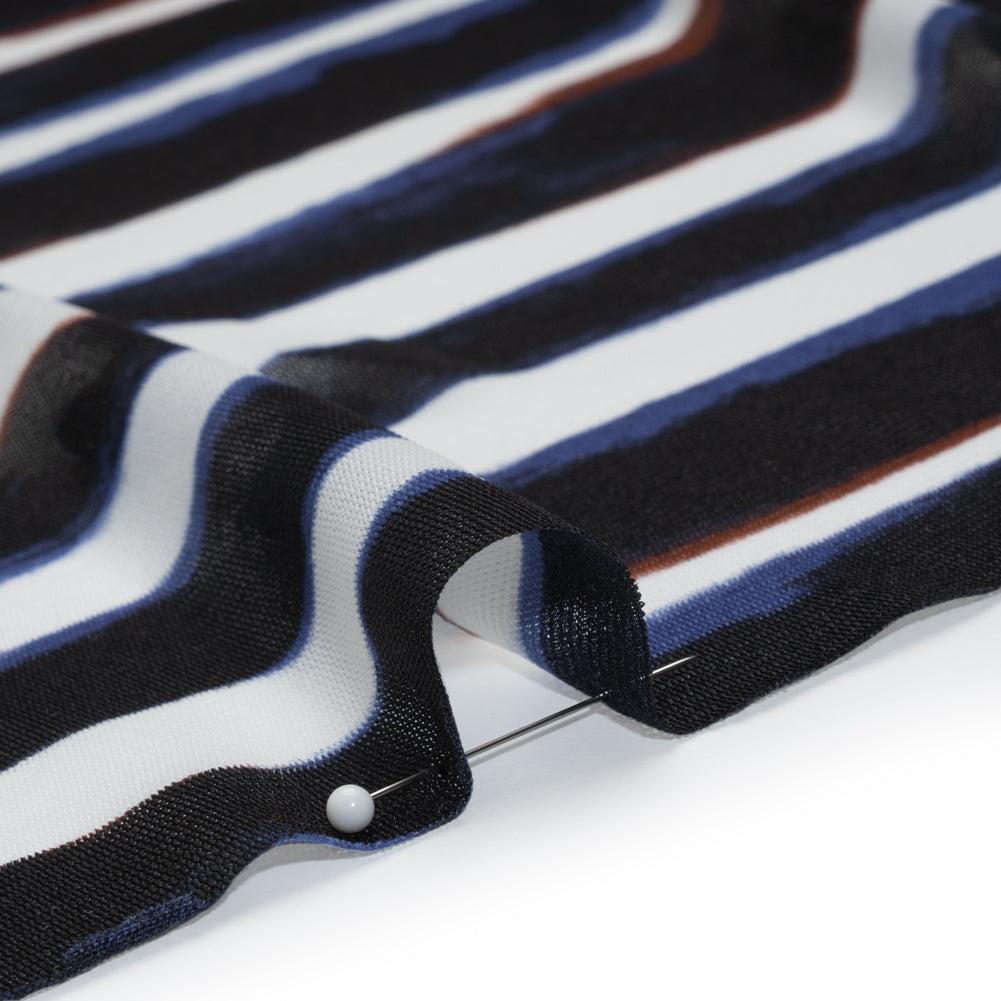 Polyester Stretch Mesh Print - Black, Brown and Blue Painted Stripes - Detail