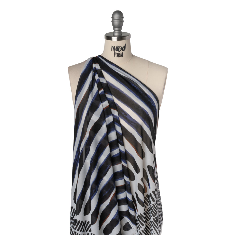 Polyester Stretch Mesh Print - Black, Brown and Blue Painted Stripes - Drape
