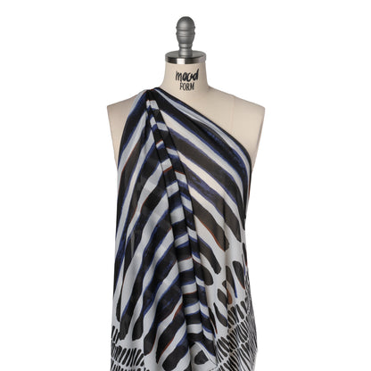 Polyester Stretch Mesh Print - Black, Brown and Blue Painted Stripes