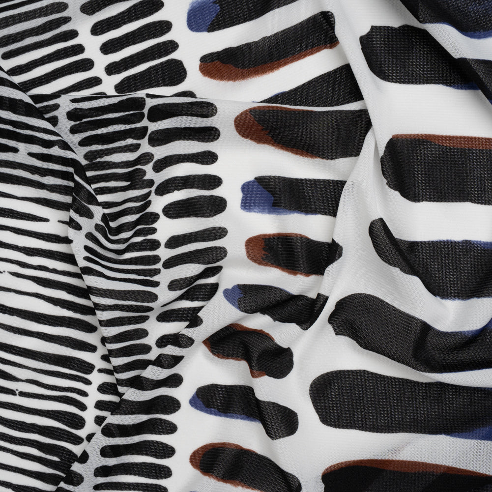 Polyester Stretch Mesh Print - Black, Brown and Blue Painted Stripes
