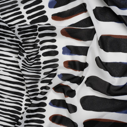 Polyester Stretch Mesh Print - Black, Brown and Blue Painted Stripes