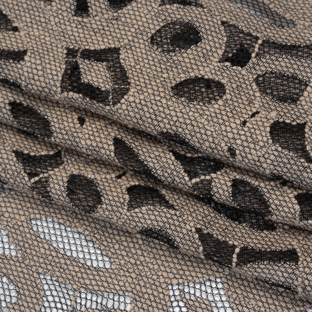 Polyester Lace - Black and Taupe Abstract Floral - Folded