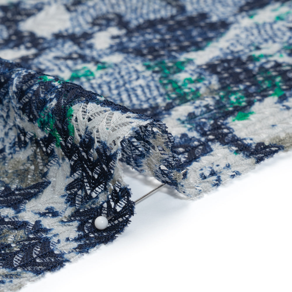 Stretch Polyester Lace Print - Navy, Green and Amber Abstract Stripes on Zig Zags - Detail