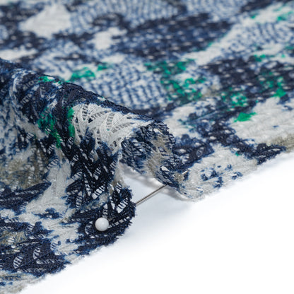 Stretch Polyester Lace Print - Navy, Green and Amber Abstract Stripes on Zig Zags