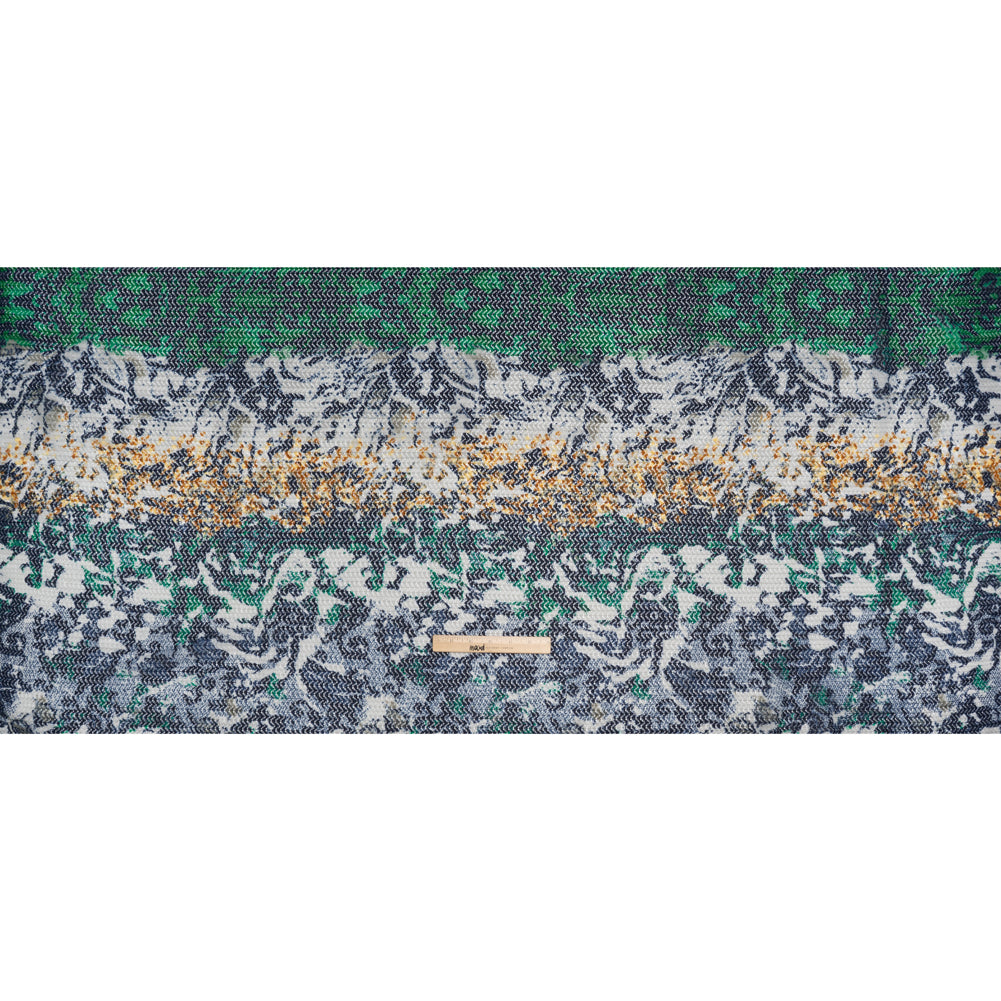Stretch Polyester Lace Print - Navy, Green and Amber Abstract Stripes on Zig Zags - Full