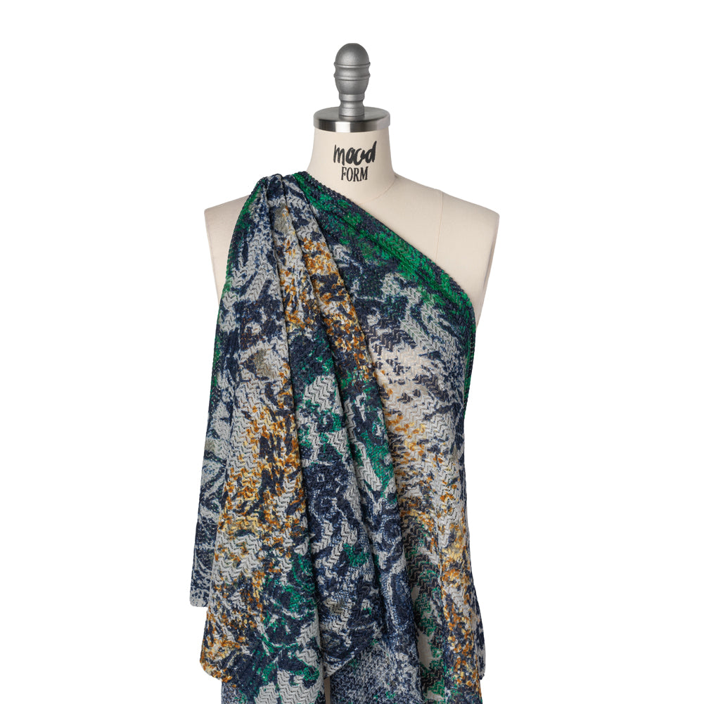 Stretch Polyester Lace Print - Navy, Green and Amber Abstract Stripes on Zig Zags - Drape