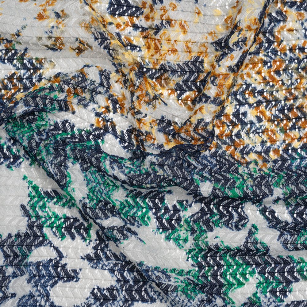 Stretch Polyester Lace Print - Navy, Green and Amber Abstract Stripes on Zig Zags