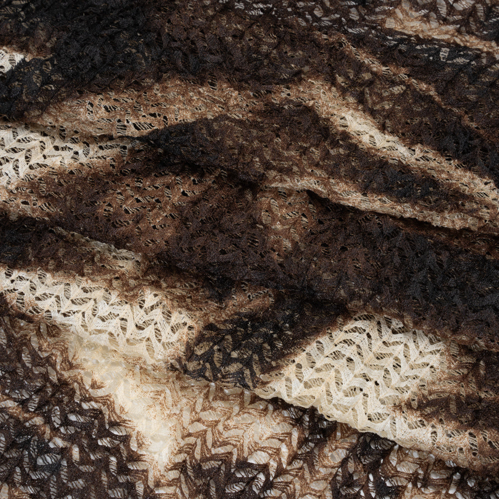 Stretch Polyester Lace Print - Brown, Beige and Black Abstract on Zig Zags - Folded