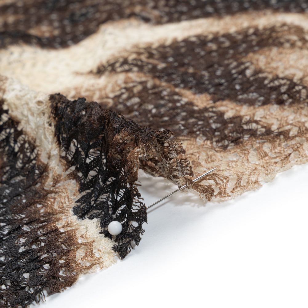 Stretch Polyester Lace Print - Brown, Beige and Black Abstract on Zig Zags - Detail