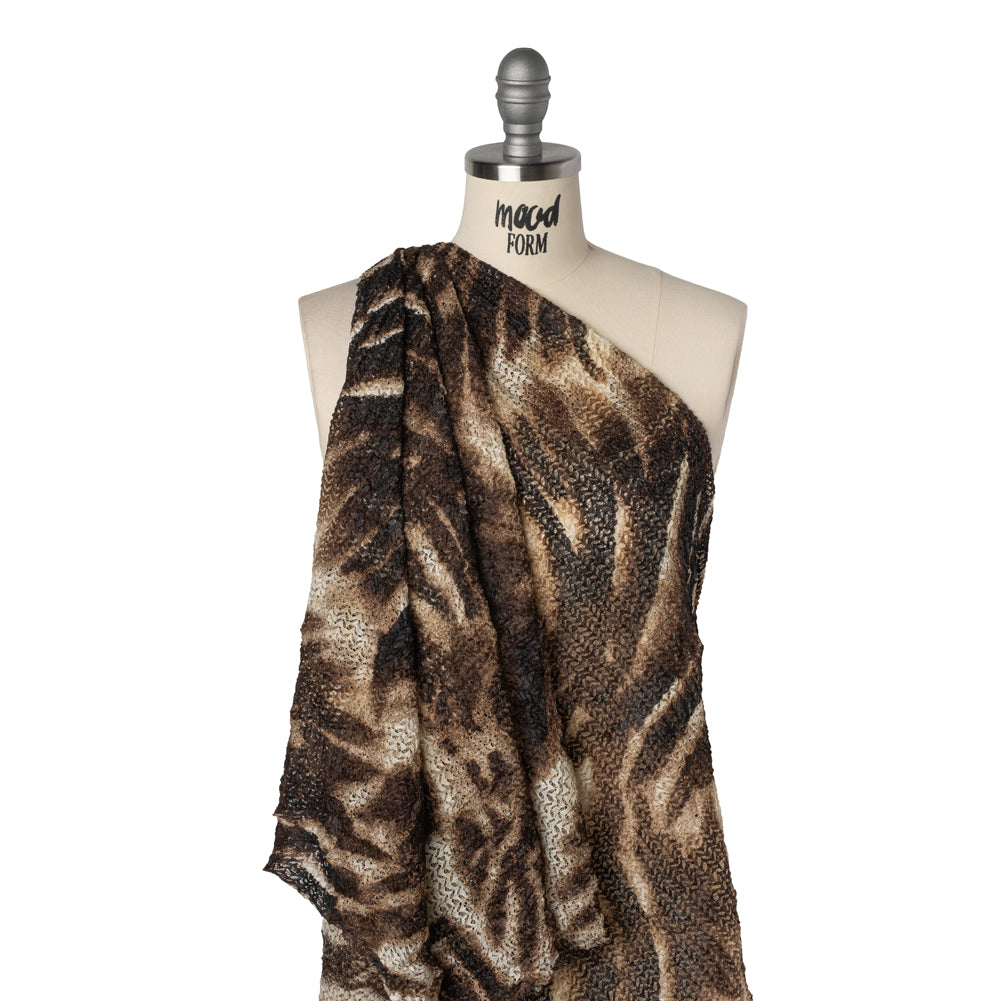 Stretch Polyester Lace Print - Brown, Beige and Black Abstract on Zig Zags - Drape