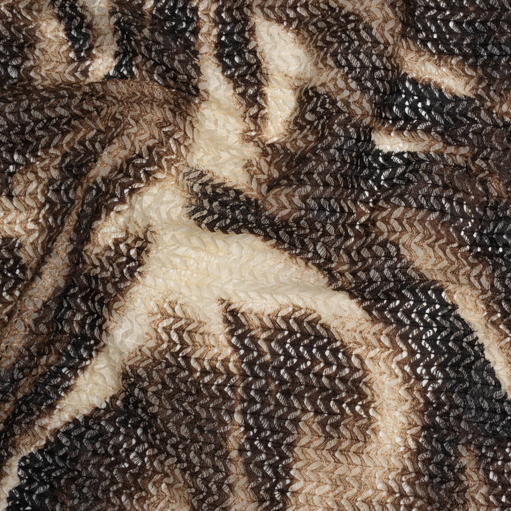 Stretch Polyester Lace Print - Brown, Beige and Black Abstract on Zig Zags