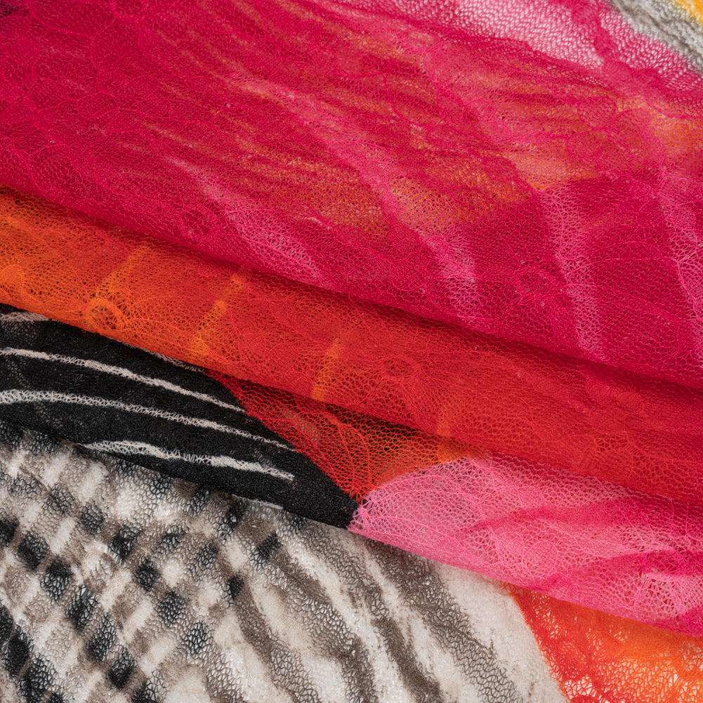 Stretch Polyester Lace Print - Hot Pink, Yellow and Orange Abstract on Floral - Folded