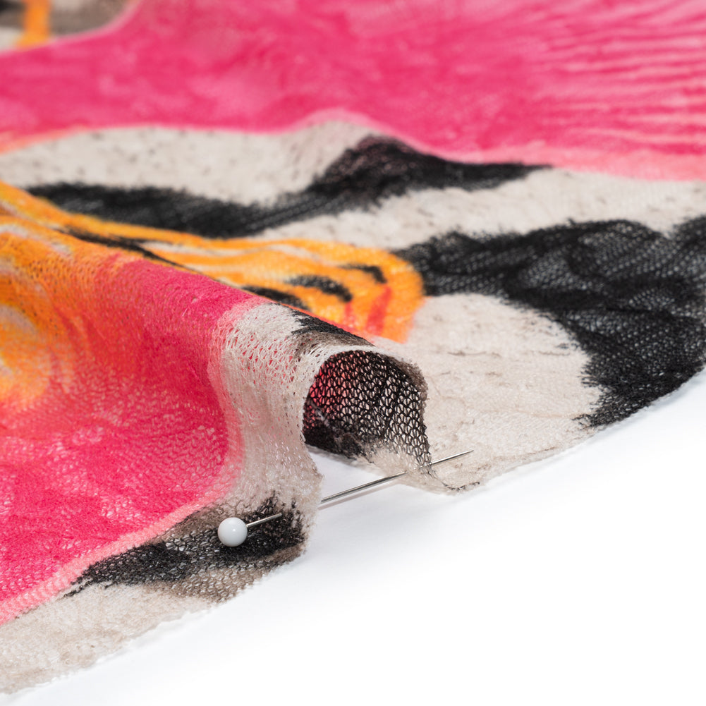 Stretch Polyester Lace Print - Hot Pink, Yellow and Orange Abstract on Floral - Detail