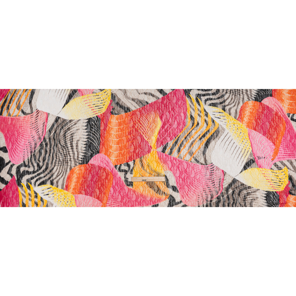 Stretch Polyester Lace Print - Hot Pink, Yellow and Orange Abstract on Floral - Full