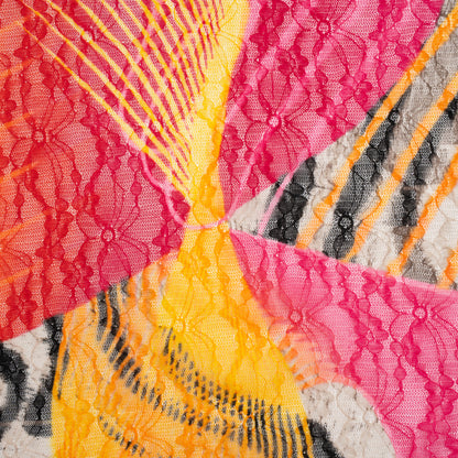 Stretch Polyester Lace Print - Hot Pink, Yellow and Orange Abstract on Floral