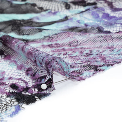 Stretch Polyester Lace Print - Purple, Clover Pink and Seafoam Animal Prints on Floral Stripes