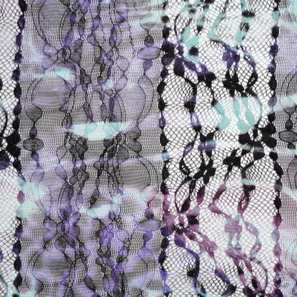 Stretch Polyester Lace Print - Purple, Clover Pink and Seafoam Animal Prints on Floral Stripes