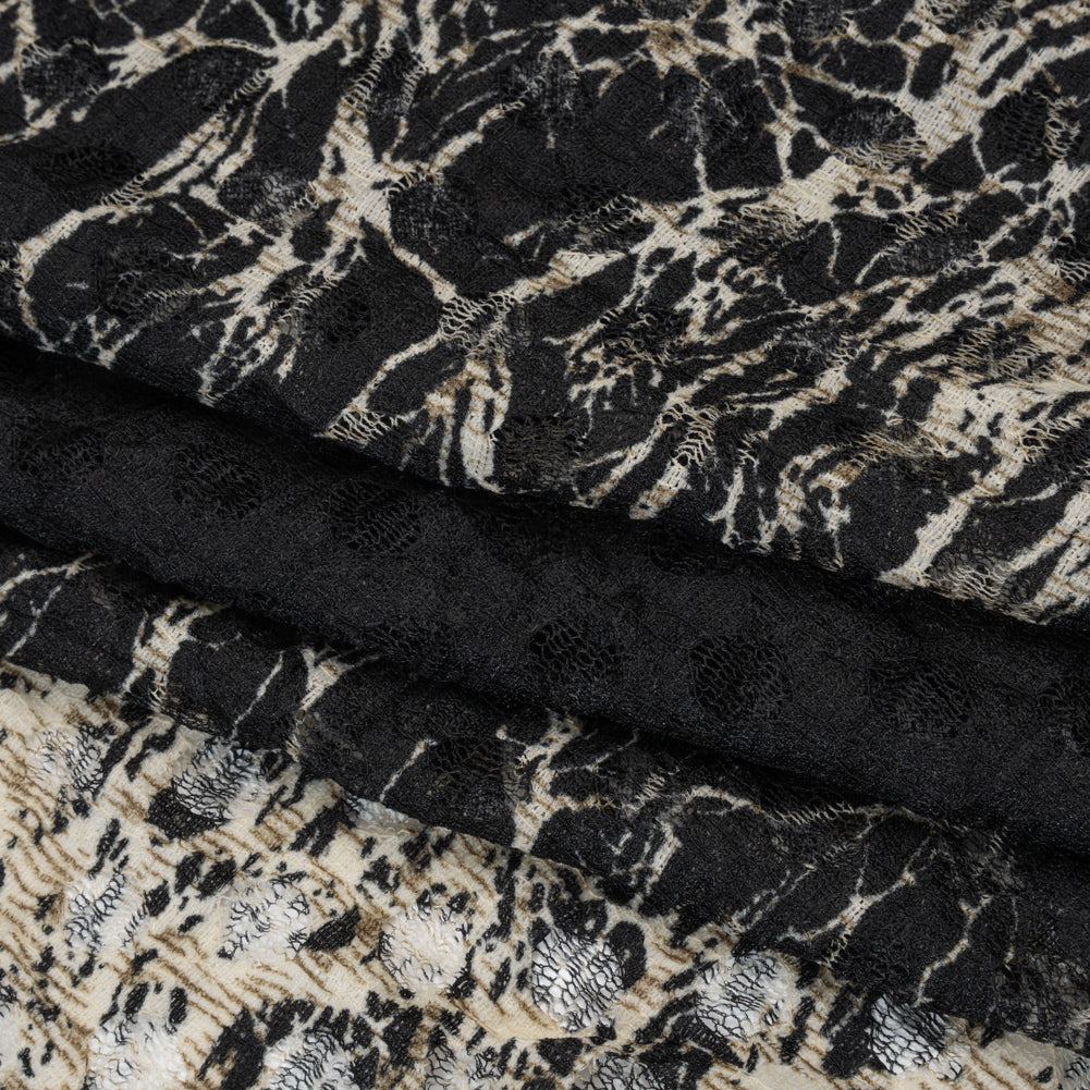 Stretch Polyester Lace Print - Black, Taupe and Beige Growing Branches Border on Polka Dots - Folded