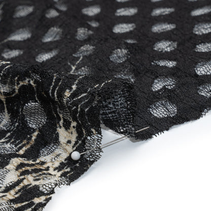Stretch Polyester Lace Print - Black, Taupe and Beige Growing Branches Border on Polka Dots