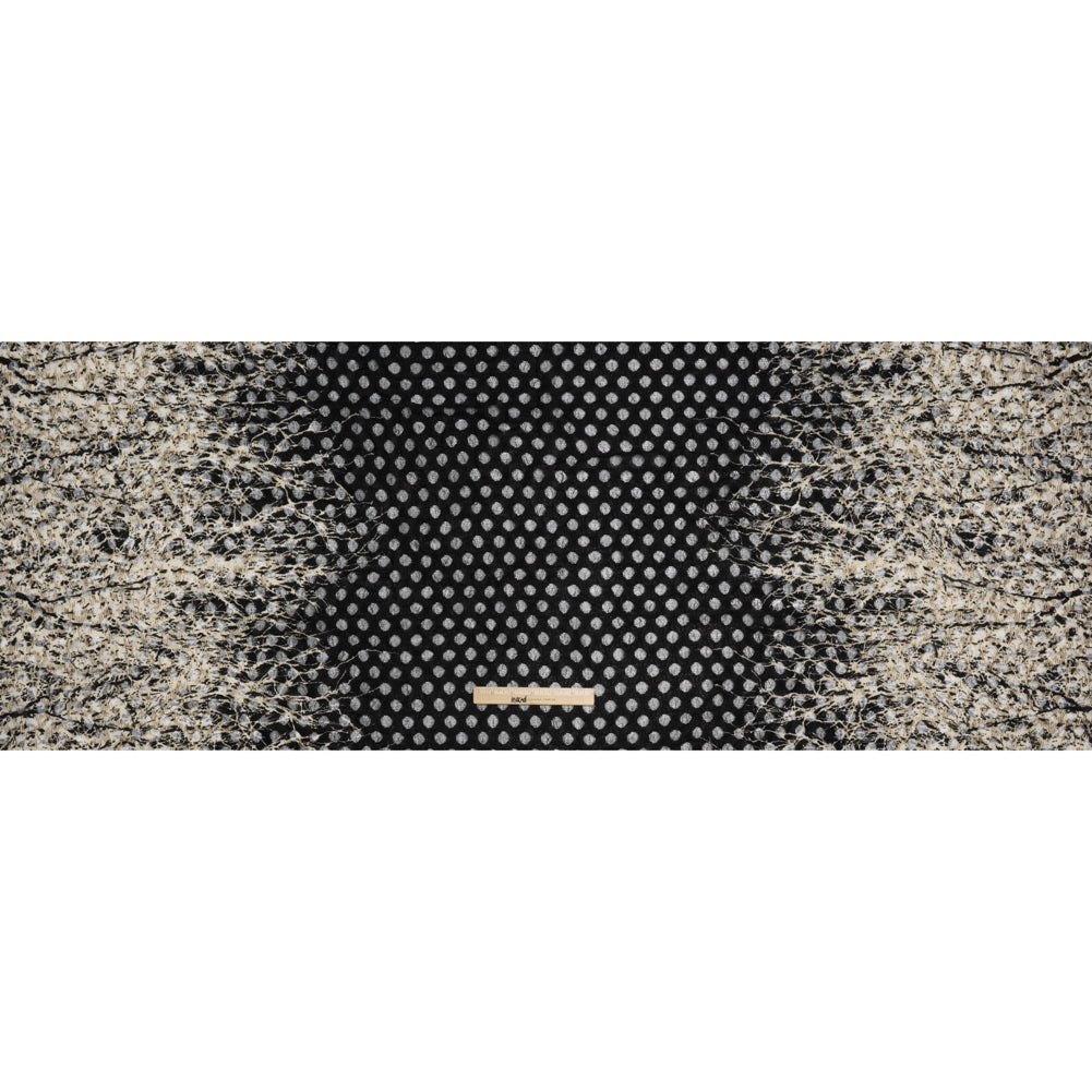 Stretch Polyester Lace Print - Black, Taupe and Beige Growing Branches Border on Polka Dots - Full