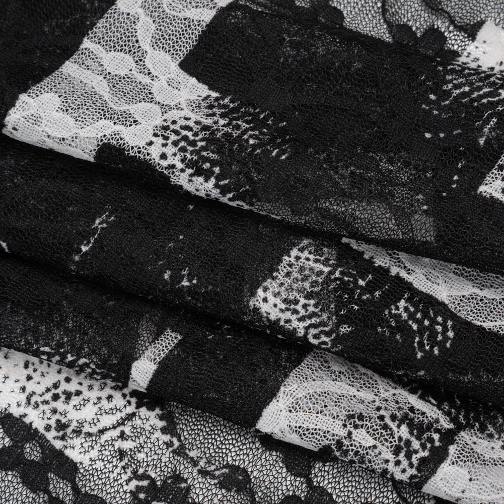 Stretch Polyester Lace Print - Black and White Geometric Abstract on Floral - Folded