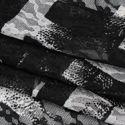 Stretch Polyester Lace Print - Black and White Geometric Abstract on Floral