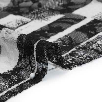 Stretch Polyester Lace Print - Black and White Geometric Abstract on Floral