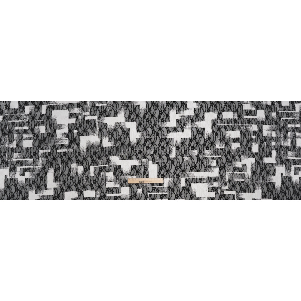 Stretch Polyester Lace Print - Black and White Geometric Abstract on Floral - Full