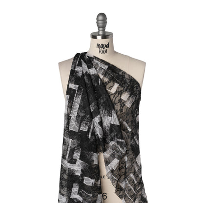Stretch Polyester Lace Print - Black and White Geometric Abstract on Floral