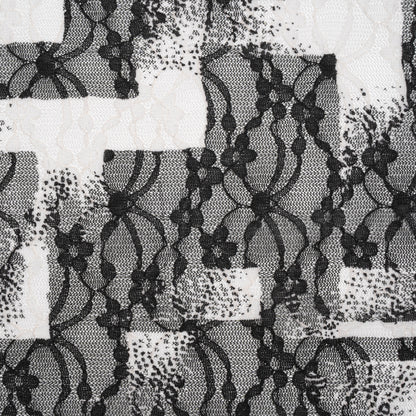 Stretch Polyester Lace Print - Black and White Geometric Abstract on Floral
