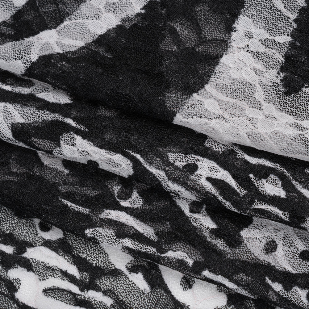 Stretch Polyester Lace Print - Black and White Abstract on Floral - Folded