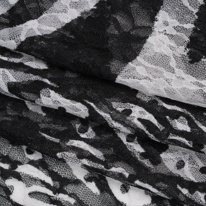 Stretch Polyester Lace Print - Black and White Abstract on Floral