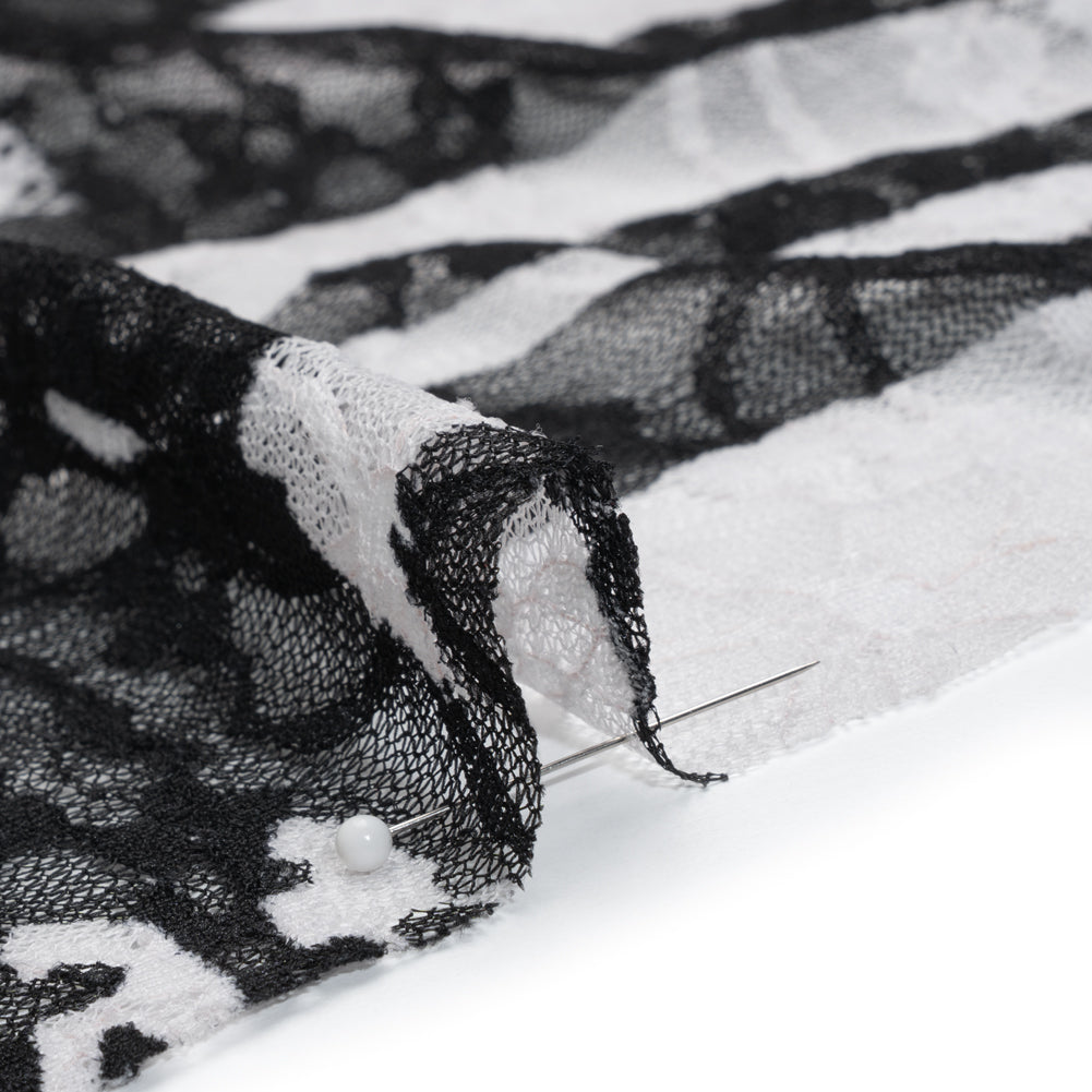 Stretch Polyester Lace Print - Black and White Abstract on Floral - Detail