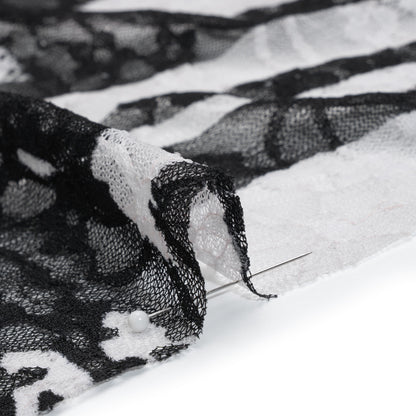Stretch Polyester Lace Print - Black and White Abstract on Floral