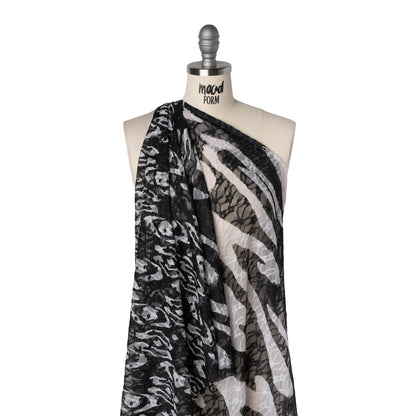 Stretch Polyester Lace Print - Black and White Abstract on Floral