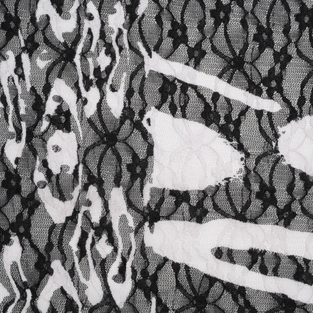 Stretch Polyester Lace Print - Black and White Abstract on Floral