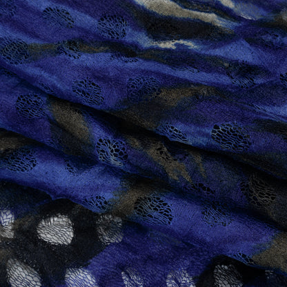 Stretch Polyester Lace Print - Black, White and Cobalt Blue Tiger Stripes on Polka Dots
