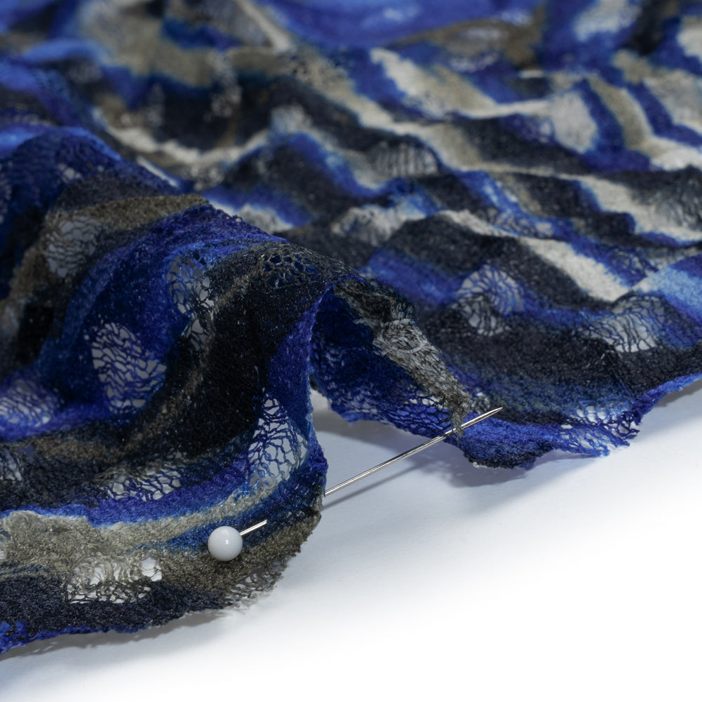 Stretch Polyester Lace Print - Black, White and Cobalt Blue Tiger Stripes on Polka Dots - Detail