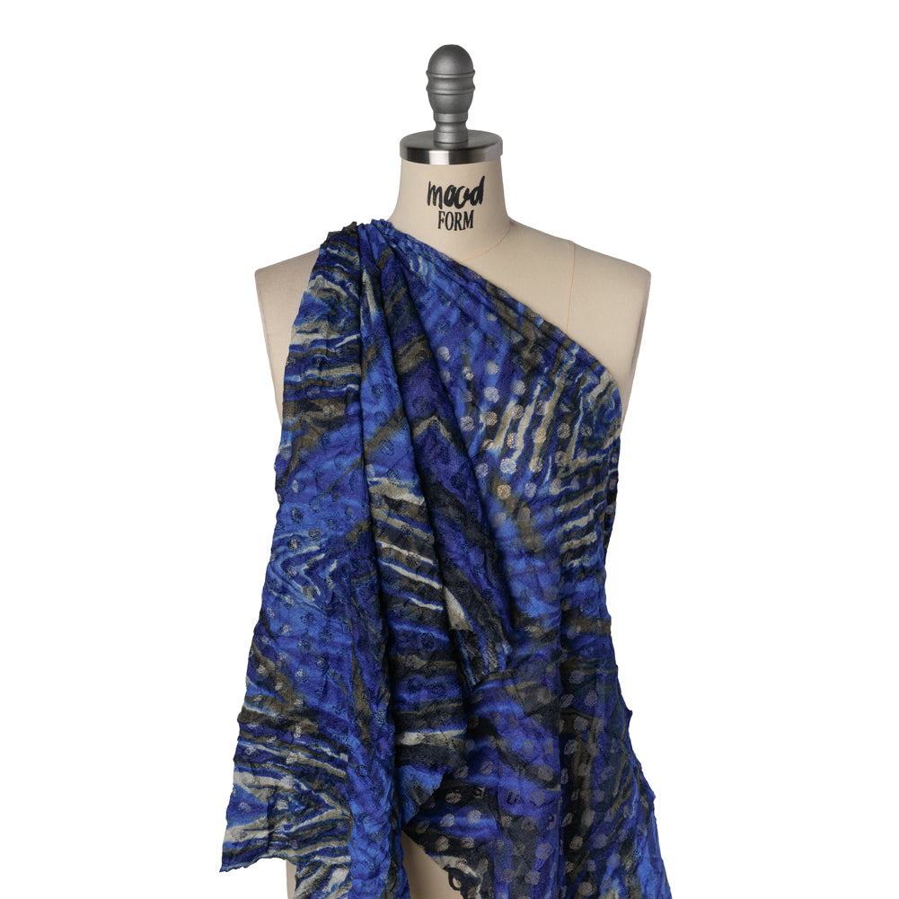 Stretch Polyester Lace Print - Black, White and Cobalt Blue Tiger Stripes on Polka Dots - Drape